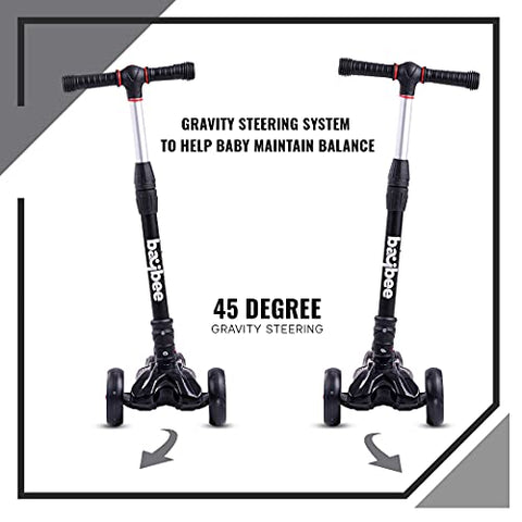 Image of Baybee Scooter for Kids, 3 Wheel Kids Scooter Smart Kick Scooter with Foldable & Height Adjustable Handle & Extra-Wide LED PU Wheels & Brake, Skate Scooter for Kids (ST4-Black)