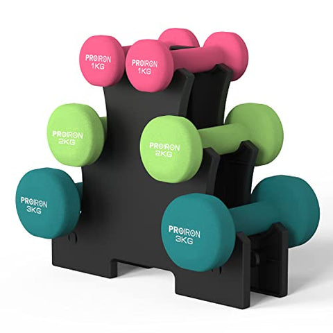 Image of PROIRON Neoprene Dumbbell with Rack Set 1kg/2kg/3kg - Home Exercise for Ladies Kids Arm Hand Weights Pilates Dumbbells