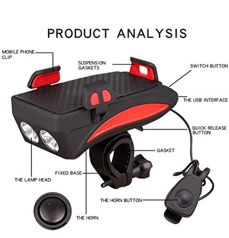 Image of AFPIN USB Rechargeable Cycle Light with Mobile Holder Cycle Light and Horn 400 Lumens Cycle Lights Waterproof 2000mah Cycle Light with Horn Rechargeable Front Light