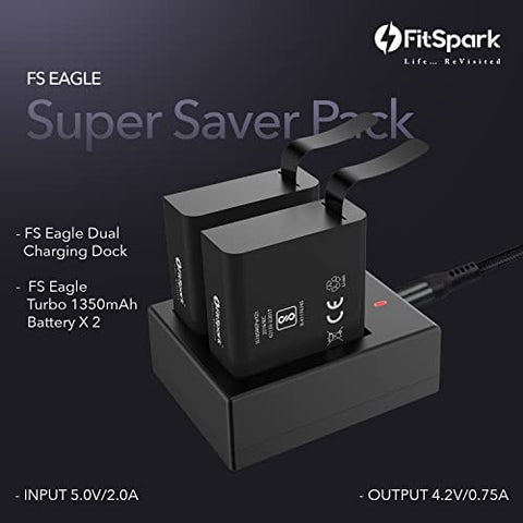 Image of FitSpark Eagle Super Saver Combo Pack of 1 Dual Charging Dock + 2 Eagle Turbo 1350 mAh Rechargeable Li-ion Batteries for All Eagle Series Action Cameras (Super Saver Combo Pack)