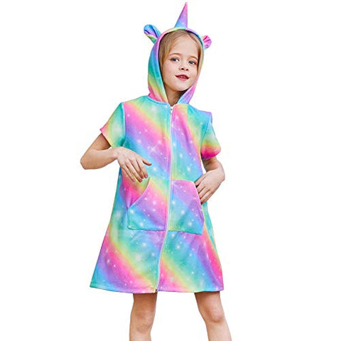 Image of FIOBEE Unicorn Cover Up for Girls Terry Hooded Cover Ups for Kids Swimsuit Beach Dress with Zipper Rainbow