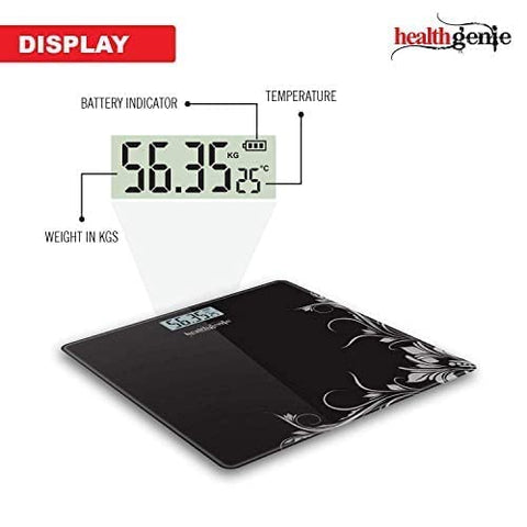 Image of Healthgenie Thick Tempered Glass Lcd Display Digital Weighing Machine , Weight Machine For Human Body Digital Weighing Scale, Weight Scale, with 2 Year Warranty & Batteries Included (Black Pattern)