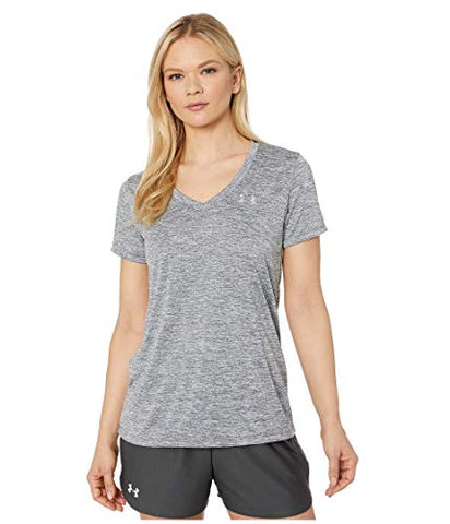 Image of Under Armour Women's Tech V-Neck Twist Short Sleeve T-Shirt, Pitch Gray (012)/Metallic Silver, Large