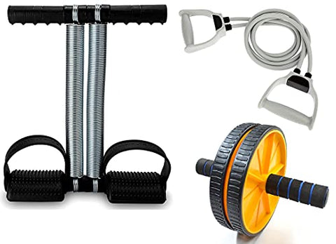Image of LIVOX Plastic Tummy Trimmer with Double Toning Resistance Tube, Abe Roller- Men & Women Home Exercise Workout Kit (Multicolor) (Combo of 3)