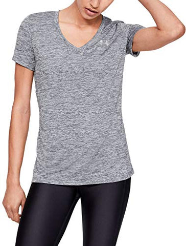 Image of Under Armour Women's Tech V-Neck Twist Short Sleeve T-Shirt, Pitch Gray (012)/Metallic Silver, Large