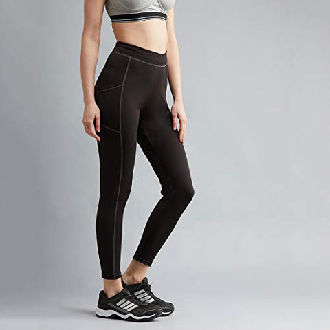 Image of BLINKIN Yoga Gym Workout and Active Sports Fitness Activewear Skinny Fit Leggings & Tights for Women|Girls with Side Pockets(033,Color-Black with Grey Contrast Thread,Size_L)