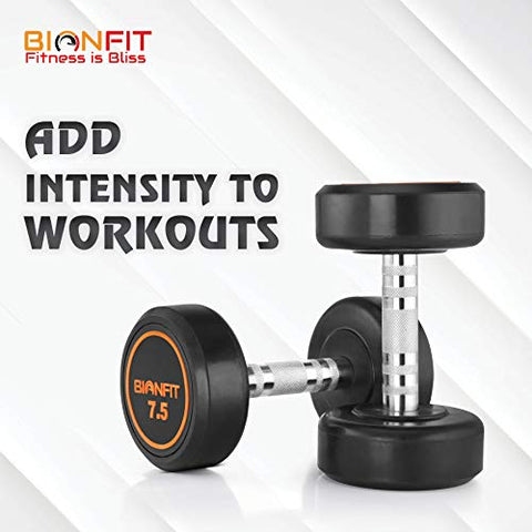 Image of BIONFIT Rubber Coated Professional | 7.5 Kg Round Dumbbells | Highly Durable Long Lasting | Helps to Improve Fitness Goals (Set of 2 , Black )