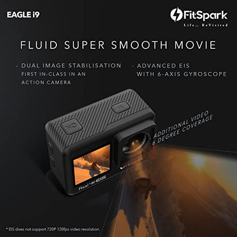 Image of FitSpark Eagle i9 Dual Screen Real 4K WiFi Action Camera with Wind Noise Reduction | Ultra HD 170° Wide-Angle Lens | 6-Axis Gyro Stablization + EIS | 2.5mm External MIC Support | Smartwatch Remote