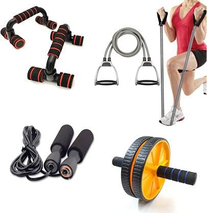 Image of LIVOX Double Toning Resistance Tube, Push up Bar and Double Wheel Ab Roller with Skipping Rope