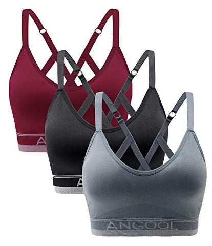 Image of ANGOOL Women's Strappy Sports Bra with Adjustable Straps - Medium Support Longline Wirefree Activewear Bra,3 Pack,Black+Grey+Red,Medium