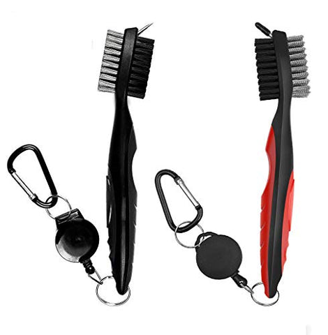 Image of Pack of 2 Golf Brush Club Groove Cleaner with 2 Ft Retractable Zip-line and Aluminum Carabiner Cleaning Tools Lightweight and Stylish (Black+Red)