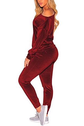 Image of VamJump Women Burgundy Velvet Off Shoulder Long Sleeve Sweat Suits Tracksuit, Medium