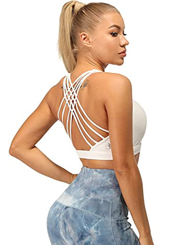 Image of icyzone Sports Bras for Women - Activewear Strappy Padded Workout Yoga Tops Bra Off White