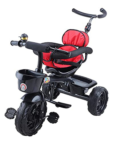 Image of JoyRide Learn-to-Ride Trike on 3 Wheels with Safety Harness, Non-Slip Pedal,Storage Basket and Removable Parent Handle, Black, Red