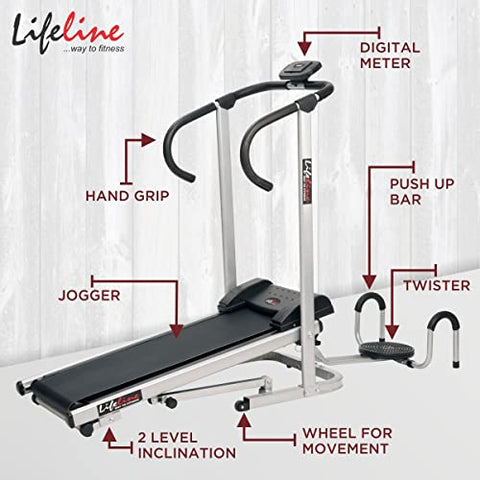 Image of Lifeline Fitness HG-002 Multi Home Gym Multiple Muscle Workout Machine Chest Biceps Back Triceps Legs for Men at Home, 72kg Weight Stack, Made in India (with LT-202 Manual Treadmill 3in1)