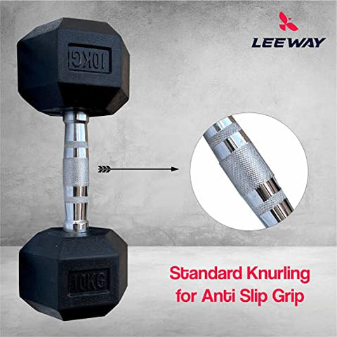 Image of LEEWAY Hex Dumbbells Pack (20 kg*2)| Gym Dumbbells| Rubber Coating Free Weight Dumbbell Set| Rubber Encased Hex Fixed Dumbbell Weight| Professional Rubber Coated Hexa Dumbbells (20Kg Pair)