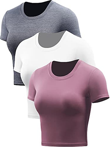 Image of Cadmus Workout Crop Tops Women Racerback Dry Fit Athletic Shirts Short Sleeve 3 Piecese, Grey, White, Pink, Small
