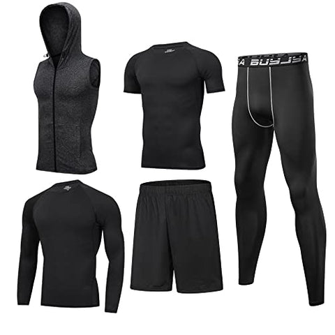 Image of BUYJYA 5Pcs Men's Compression Pants Shirt Top Long Sleeve Jacket Set Suit (WUXIU-Black, S)