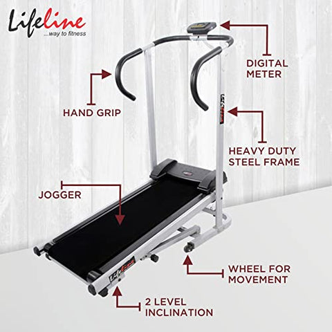 Image of Life Line Fitness LT-201 Foldable Manual Treadmill for Home Gym Exercise with Cardio Weight Loss Gym Workout at Home, 2 Level Inclination (LT-201, Silver, Black)