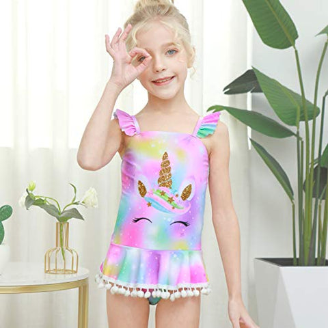 Image of ICOSY Girls One Piece Swimsuits Unicorn Bathing Suit for Girls Swimming Suit Toddler Kids Tankini Swimwear Beachwear