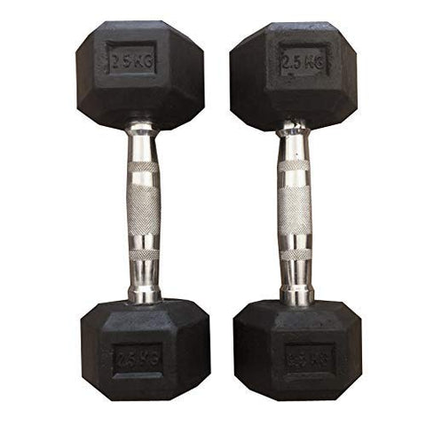 Image of FratiiSingh Unisex Rubber Hex Dumbbells, Choose of 2.5 kg, 5 kg, 7.5 kg, 10 kg, 12.5 kg, 15 kg for Exercise, Fitness and Weights (Black, 2.5), Boxed in Pair
