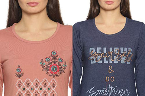 Image of RYSH Women's Hosiery Cotton Full Sleeves Longline Pocket T-shirt (English Brown, Denim Melange, 4XL) -Combo Pack of 2