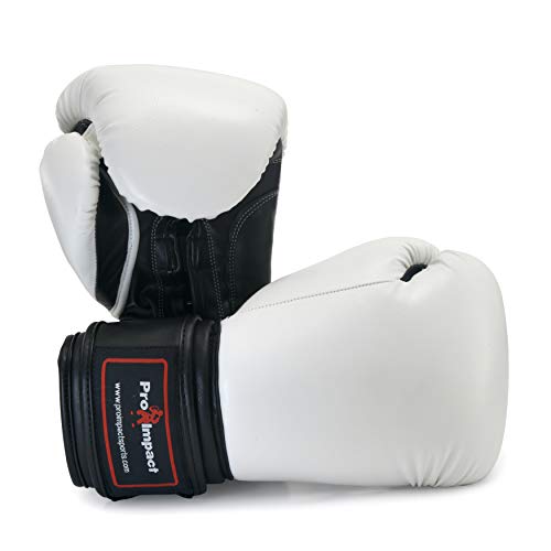 Pro Impact Boxing Gloves - Durable Knuckle Protection w/Wrist Support for Boxing MMA Muay Thai or Fighting Sports Training/Sparring Use White Black PU 12