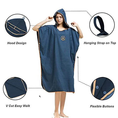 Image of Hiturbo Microfiber Surf Beach Wetsuit Changing Towel Bath Robe Poncho with Hood -One Size Fit All