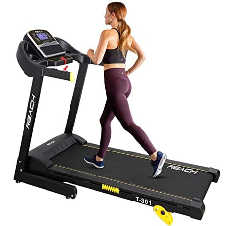 Image of Reach T-301 Folding Treadmill Peak 4 HP | Foldable Home Fitness Equipment with LCD Display for Walking & Running | Cardio Exercise Gym Machine | 4 Incline Levels | 12 Preset or Adjustable Programs | Bluetooth Connectivity | 100 Kgs Max User Weight