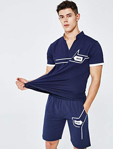 Image of Lavnis Men's Casual Tracksuit T-Shirts and Shorts Running Jogging Athletic Sports Set Blue L