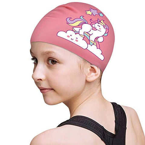 Image of FUNOWN Kids Swim Caps for Kids, Children, Boys and Girls Aged 2-8, Baby Waterproof Bathing Caps for Long and Short Hair (Pink)