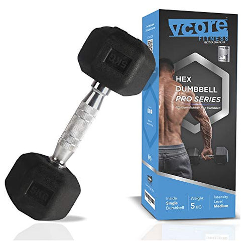 Image of VCORE FITNESS Hex Dumbbell 5Kg Single Dumbbell, Ideal for Home Gym Dumbbells Exercise Workout for Men & Women, Steel Iron Rubber Encased, Black