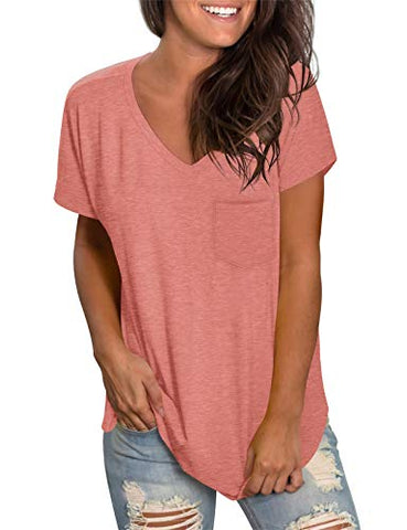 Image of WEESO Womens T Shirts V Neck Tops Short Sleeve Ladies Summer Tunic Loose Fit Tee Coral XXL