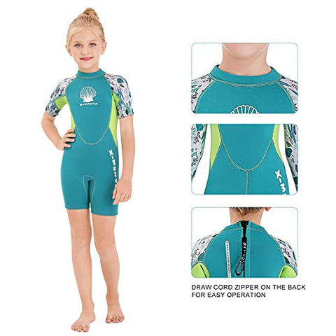 Image of Wetsuit Kids Shorty Neoprene Thermal Diving Swimsuit 2.5MM for Girls Boys Child Teen Youth Toddler, One Piece Children Rash Guard Swimming Suit UV Protection Sunsuit for Surfing (Girl Green, L)