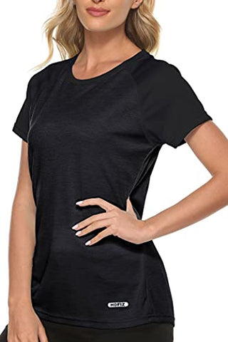Image of MoFiz Women's Workout Running T-Shirt UPF 50+ Sun Protection Activewear Yoga Gym Breathable Soft Short Sleeve Tops Sports Tee Rose Blke Size XS
