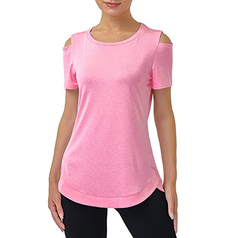 Image of Miusey Workout Clothes for Women, Girls Lightweight Breathable Sports Training Athletic Clothing Summer Causal Active Wear Shirts with Cold Shoulder Pink Medium