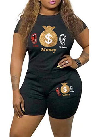 Image of Ramoug Women 2 Piece Outfits Lips Letter Print Short Sleeve T Shirt Biker Shorts Set Tracksuit S Deep Pink