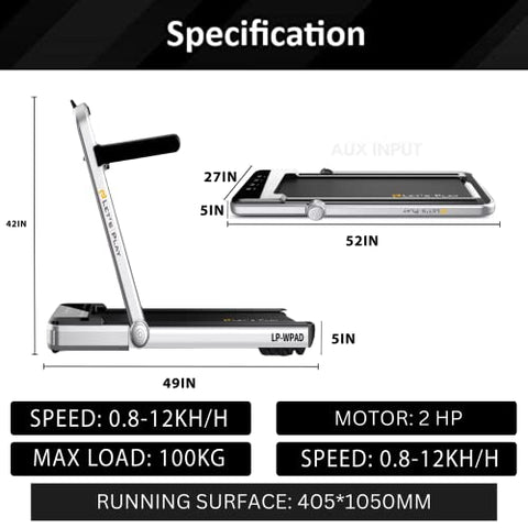 Image of LET'S PLAY® LP-WPAD Smart Foldable Treadmill 2.5HP (4HP Peak) DC Motorized Treadmill Under Desk Walking Pad Treadmill for Home Use Pre-Installed with Interactive LED Display, Foot Sensing Speed Control, Remote and App Control (Black) For Further Query cal