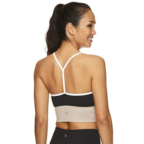 Image of Gaiam Women's Strappy Wireless Bralette - Medium Impact Longline Racerback Workout & Yoga Sports Bra - Black (Tap Shoe) Athena Colorblock, Medium