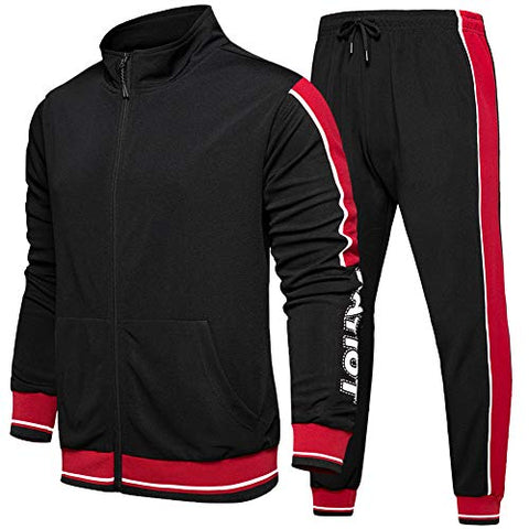 Image of Men Tracksuit Set Full-Zip Sweatshirt Jogger Sweatpants Warm Sports Suit Gym Training Wear, Tz55-black, XX-Large