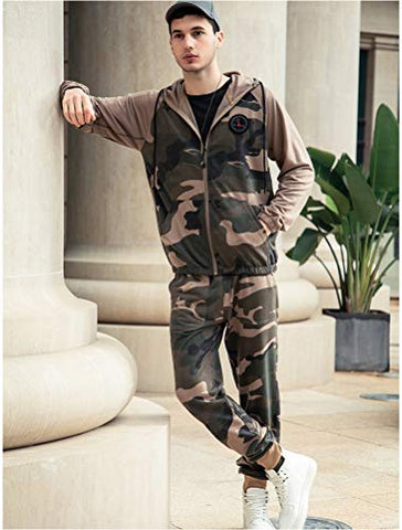 Image of PASOK Men's Casual Tracksuit Set Long Sleeve Full-Zip Running Jogging Athletic Sweat Suits, Khaki, Small