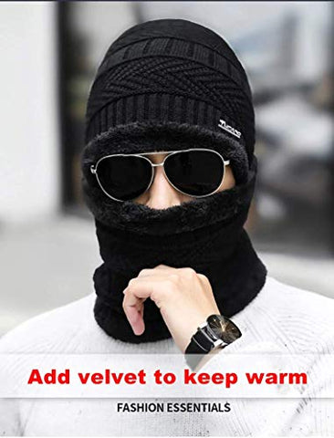 Image of ABlue Clipper Unisex Woollen with Faux Fur Inner Side Beanie Cap and Neck Muffler Winter Combo Set (Black , Free Size )