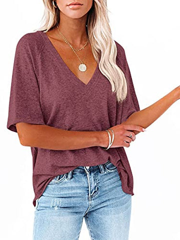 Image of Women's V Neck Off The Shouder Short Sleeve T Shirts Summer Loose Casual Loose Oversize Tops Burgundy Small