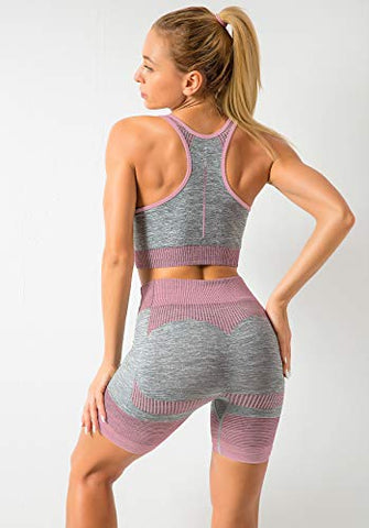 Image of OLCHEE Women’s Workout Set 2 Piece Tracksuit - Seamless Bodycon Shorts Leggings and Sports Bra Tank Yoga Outfits - Pink and Grey Size S