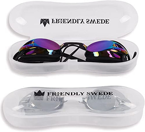 Image of The Friendly Swede 2 Pack Swim Goggles for Adults with Interchangeable Nose Pieces and Protective Cases, Mirrored (Black + White)