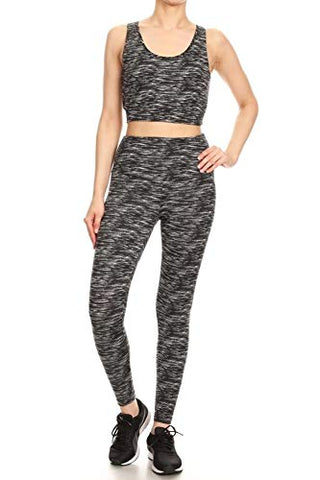 Image of Shosho Womens 2 Piece Activewear Sets Sports Tops and Yoga Bottoms Casual Outfits Criss Cross Crop Tank & High Rise Leggings Spacedye Black/White X-Large
