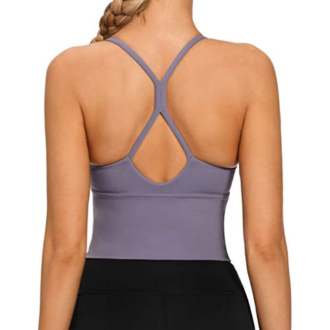 Image of VIBOJOY Longline Strappy Padded Sports Bras Workout Running Tank Crop Tops Yoga Gym Fitness Activewear for Women (Grey-Purple, Small)
