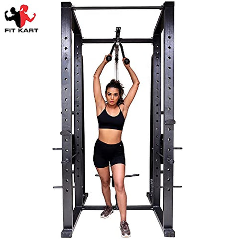 Image of FIT KART Power Squat Rack with Lats Pull Down & Ground Pulley Dips Setup for Home Gym, 4X2 Strong Pipe, Multicolour