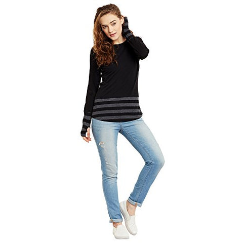 Image of HYPERNATION Black and Grey Stripe Round Neck Thumb Insert Cotton Blend T-Shirt for Women(HYPW01355)