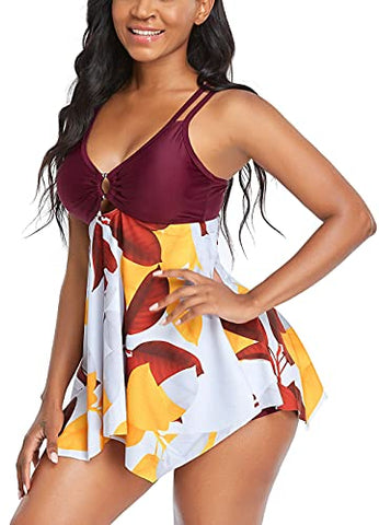 Image of Womens Athletic Two Piece Swimsuits Tummy Control Swimsuit for Women Bathing Suits with Sporty Shorts, Light Purple Leaf, 20-22
